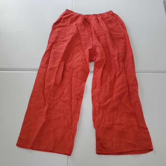 FLAX Linen Pants Womens Small Petite Red Pull-On Wide Leg Elastic Waist Casual - Picture 1 of 10